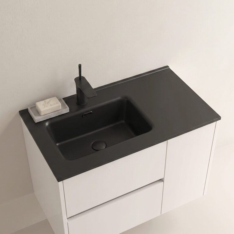 Encimera de porcelana Múnich – Lavabo desplazado negro mate