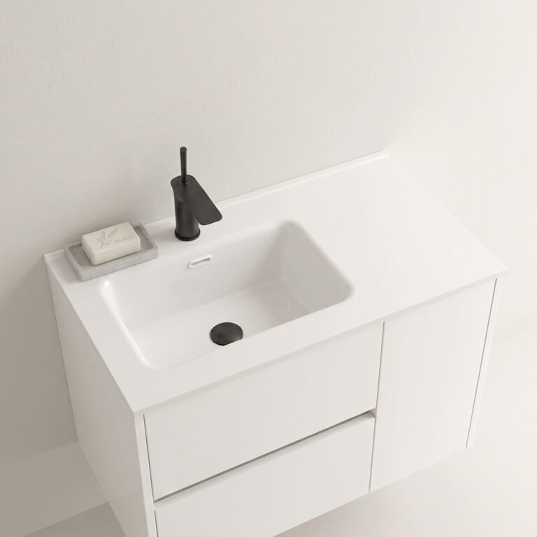 Encimera de porcelana Múnich – Lavabo desplazado blanco mate