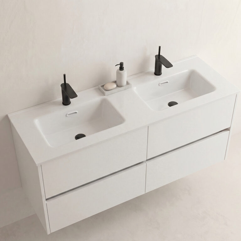 Encimera de porcelana Múnich – Lavabo doble blanco mate