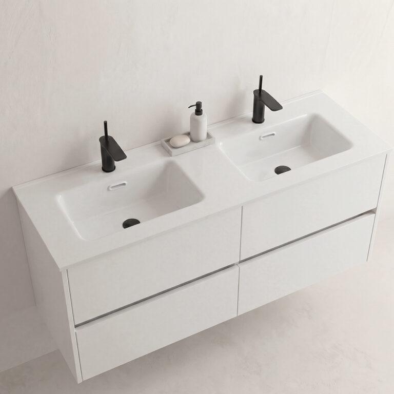 Encimera de porcelana Múnich – Lavabo doble blanco brillo